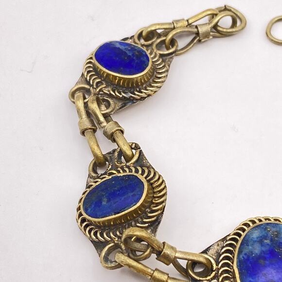 Vintage Afghan Artisan Lapis Lazuli Bracelet Alpaca Silver Chain Link - 7 1/2" - Picture 3 of 8